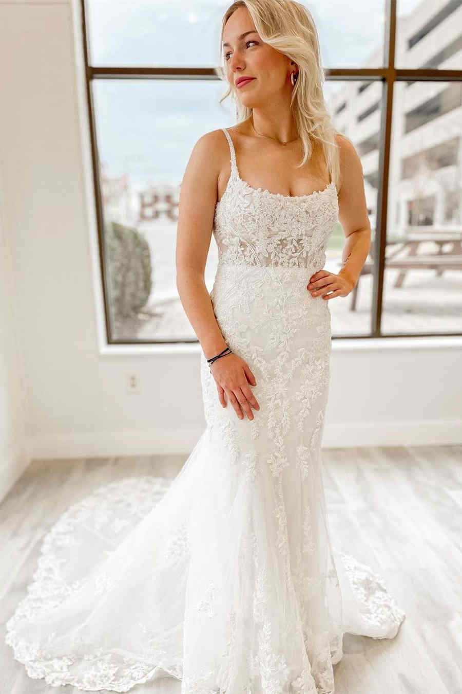 Laurel | White Mermaid Long Bridal Dress with Appliques - KissProm