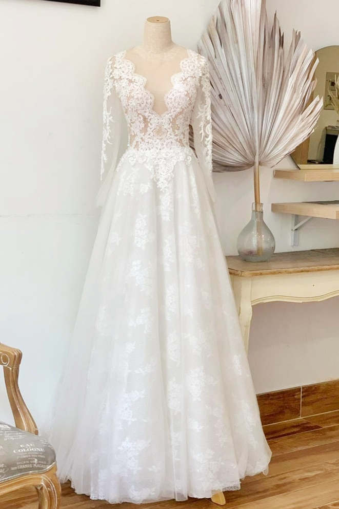 Leilany | A - Line Illusion Crew Neck White Lace Wedding Dress - KissProm