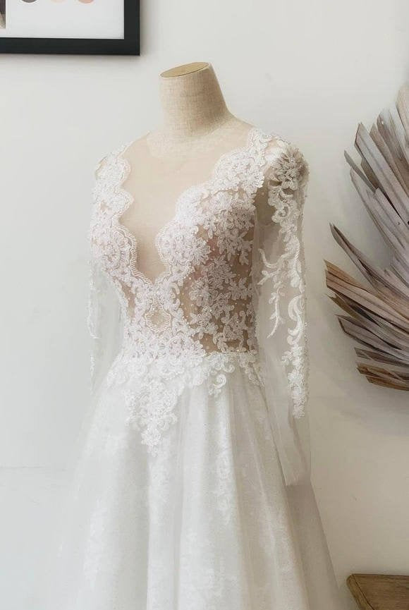 Leilany | A - Line Illusion Crew Neck White Lace Wedding Dress - KissProm
