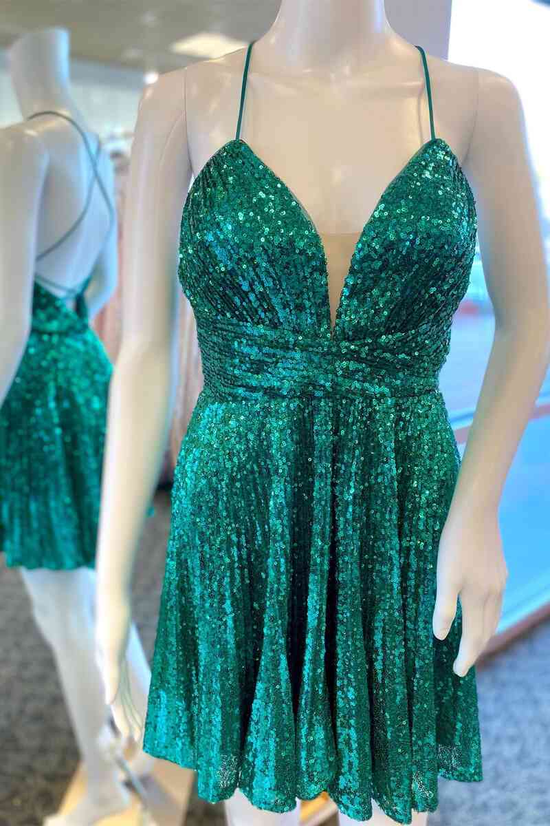 A-Line Tie Back Emerald Green Sequins Short Homecoming Dress
