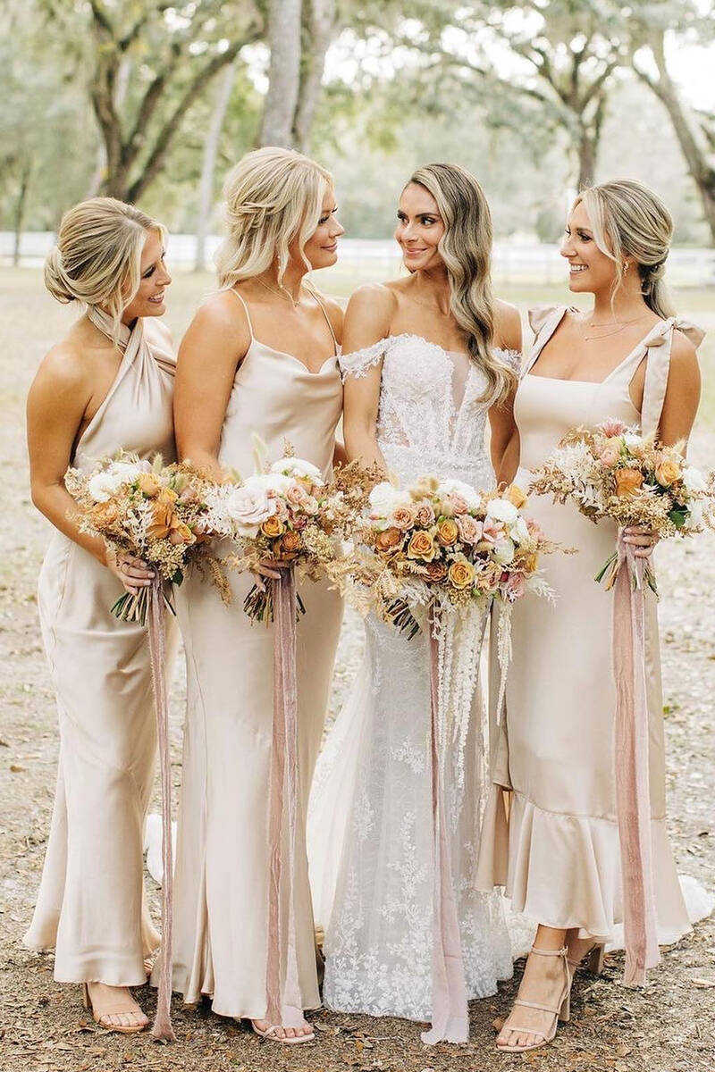 KissProm Champagne Sheath Satin Long Mismatch Bridesmaid Dress, Champagne / 2 / C