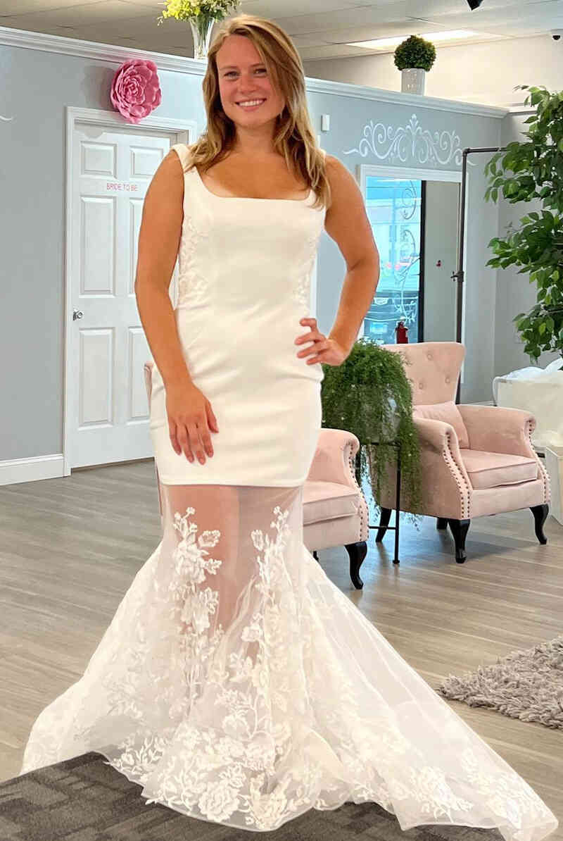 Mermaid Square Neck White Lace Tulle Bridal Dress