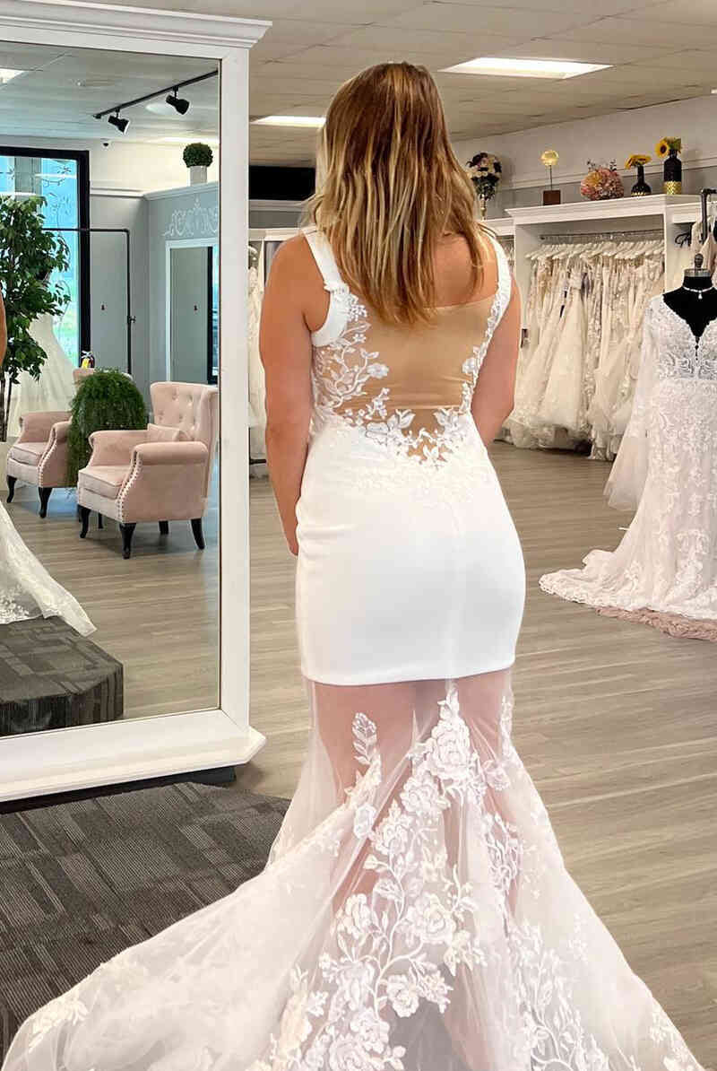 Mermaid Square Neck White Lace Tulle Bridal Dress