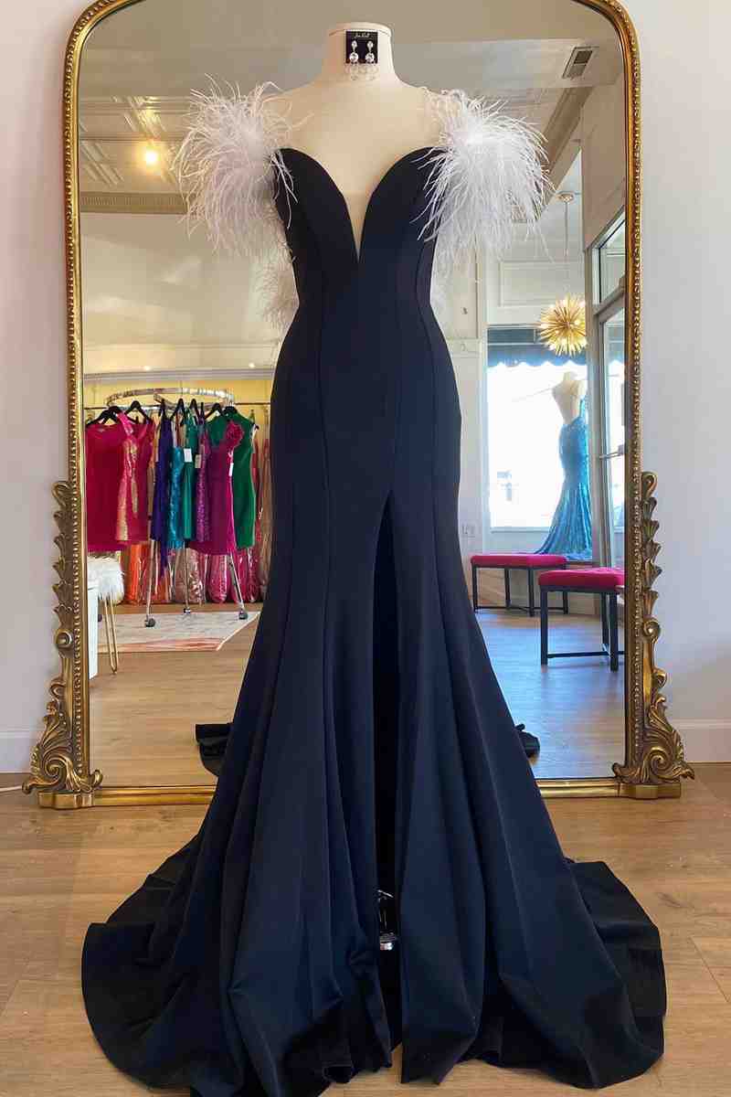 Sophia | Long Black High Slit Prom Dress with White Feather - KissProm