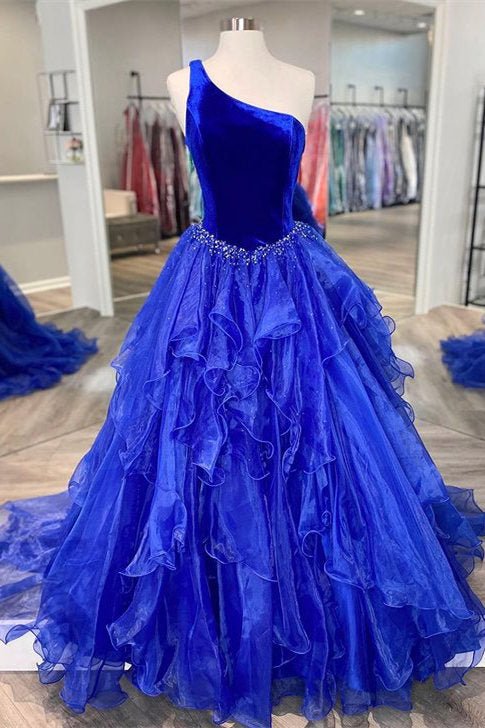 Belinda | Ruffle One Shoulder Royal Blue Velvet Top Long Formal Dress - KissProm
