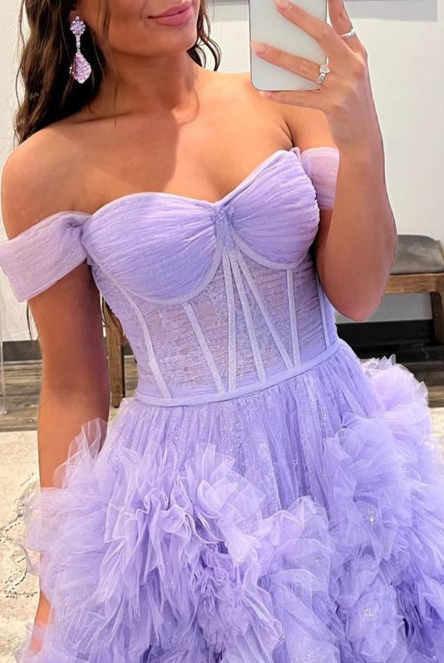 Kenia |A Line Off the Shoulder Ruffled Tulle Prom Dress with Slit