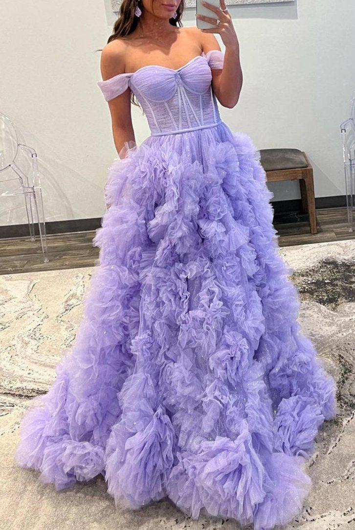 Kenia |A Line Off the Shoulder Ruffled Tulle Prom Dress with Slit