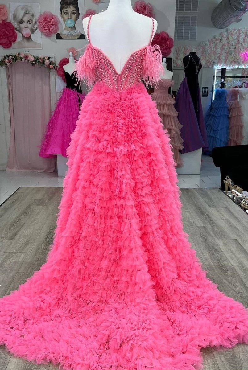 Astrid |A Line Off the Shoulder Tiered Tulle Prom Dress With Slit