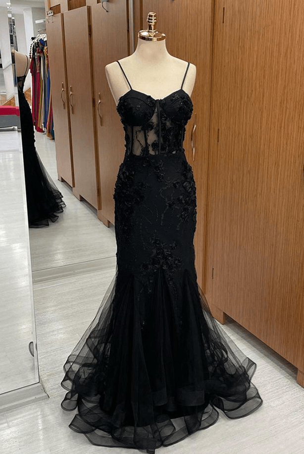 Aubrielle | Black Sweetheart Straps Mermaid Appliques Tulle Long Prom Dress