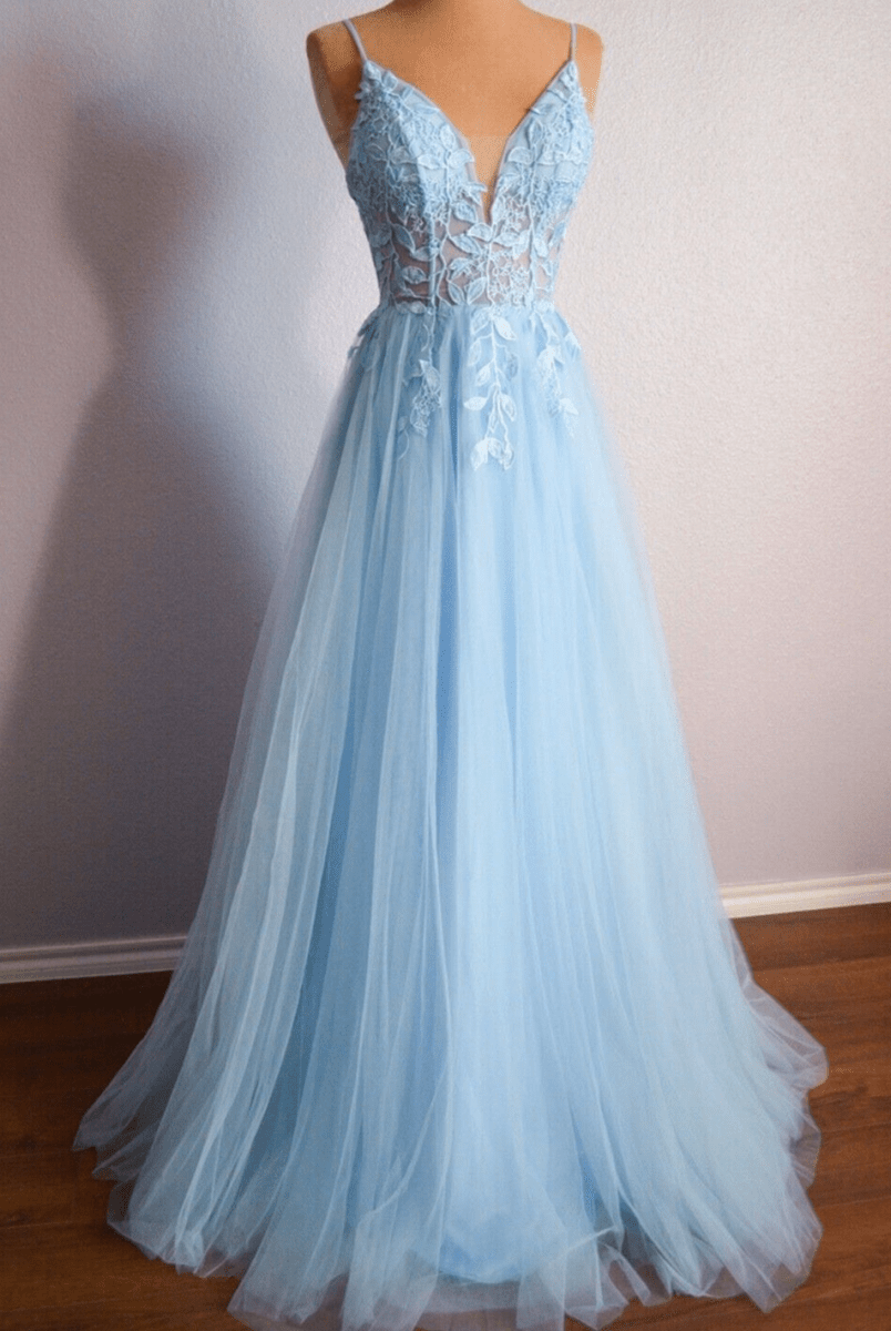 Cynthia | Light Blue V Neck Lace-Up Appliques Tulle Long Prom Dress