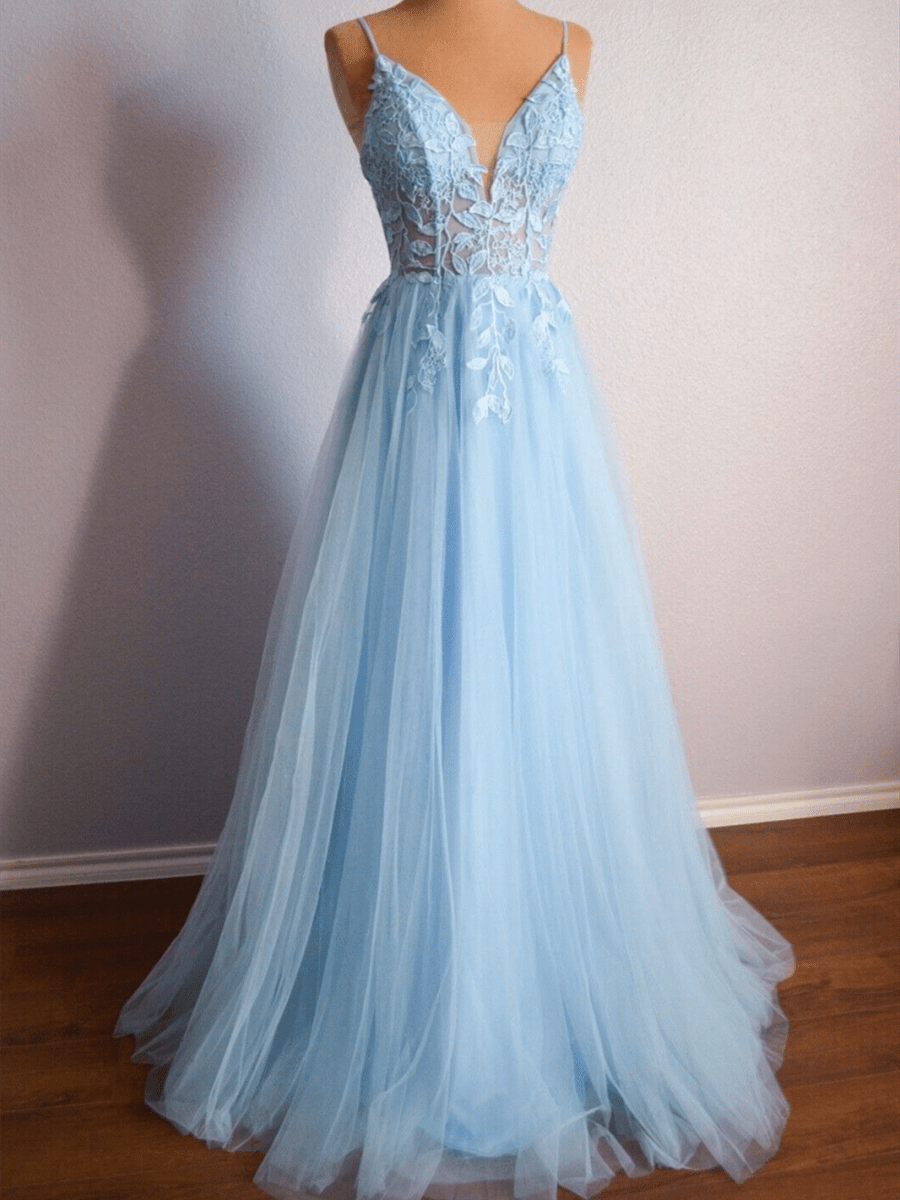 Cynthia | Light Blue V Neck Lace-Up Appliques Tulle Long Prom Dress