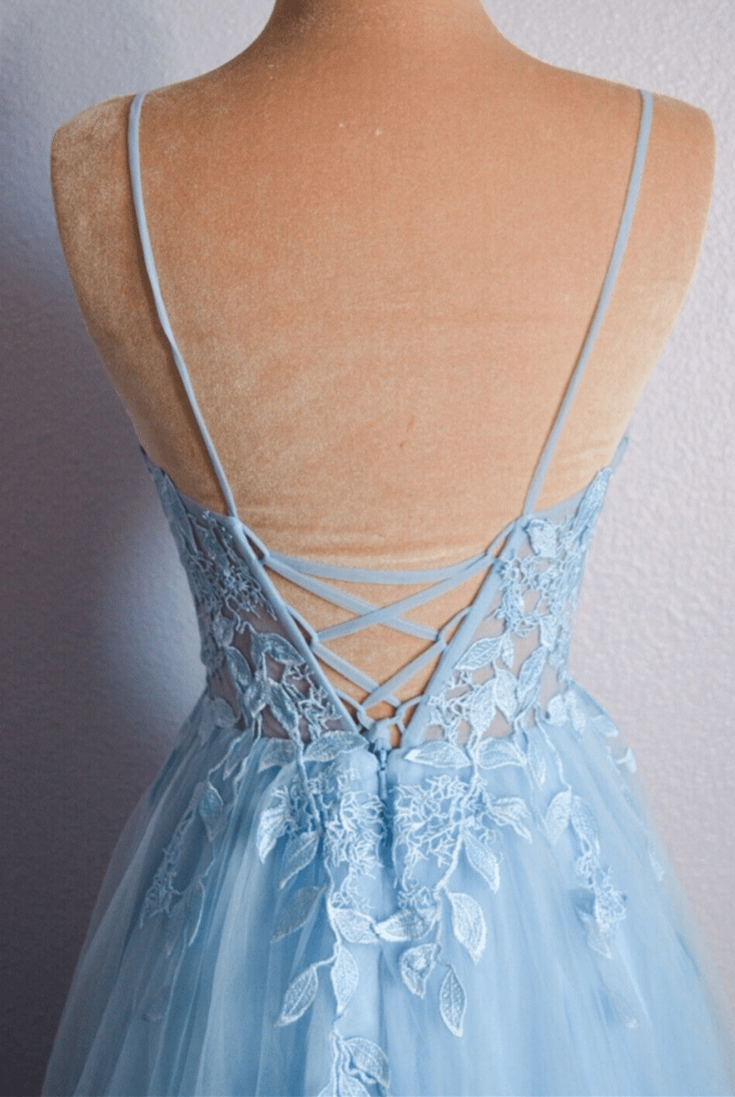 Cynthia | Light Blue V Neck Lace-Up Appliques Tulle Long Prom Dress