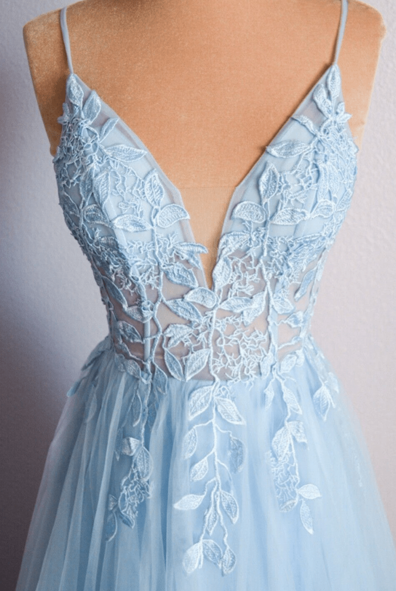 Cynthia | Light Blue V Neck Lace-Up Appliques Tulle Long Prom Dress