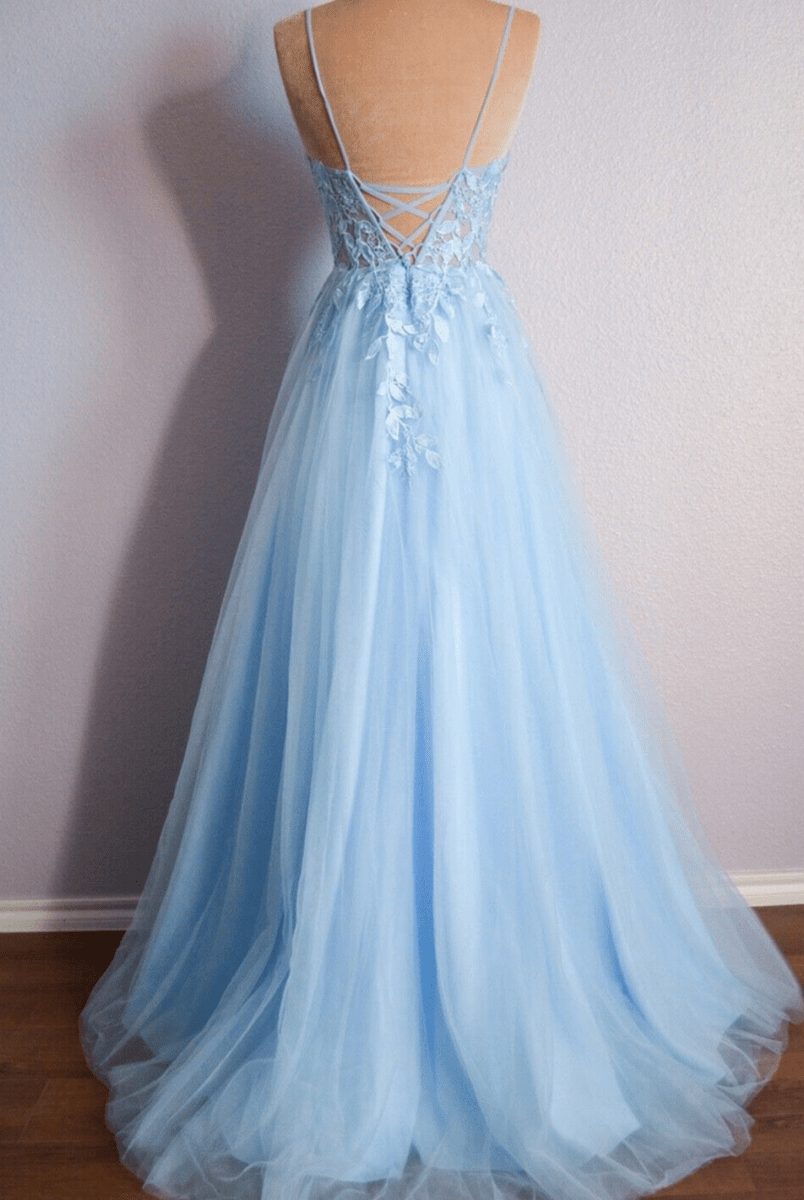 Cynthia | Light Blue V Neck Lace-Up Appliques Tulle Long Prom Dress