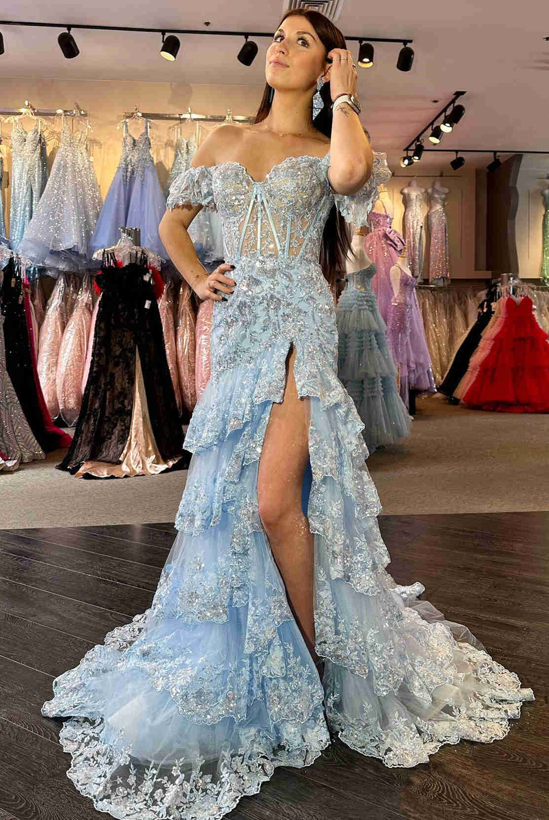 Kennedy |Sheath Off the Shoulder Long Lace Prom Dress (Lace-up Back)