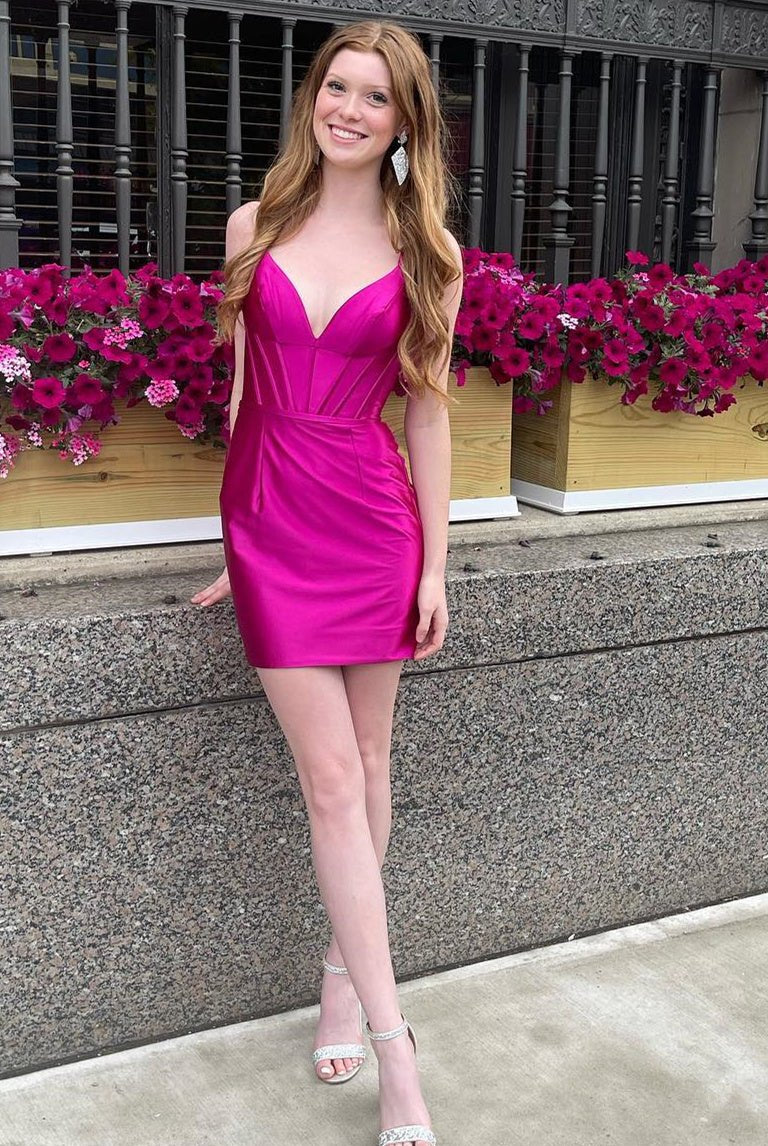 Mollina | Bodycon Fuchsia V-Neck Corset Satin Homecoming Dress