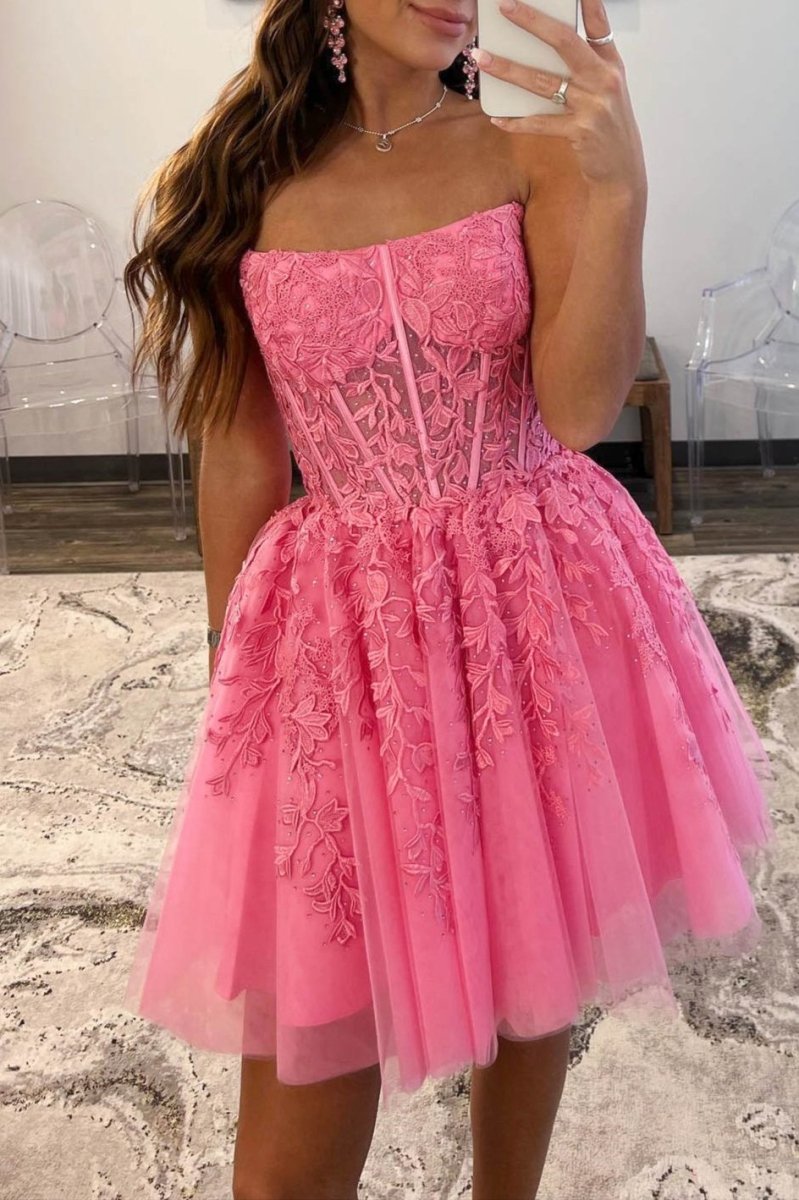 A-Line Tulle Lace Homecoming Dress with Appliques, Hot Pink / 2