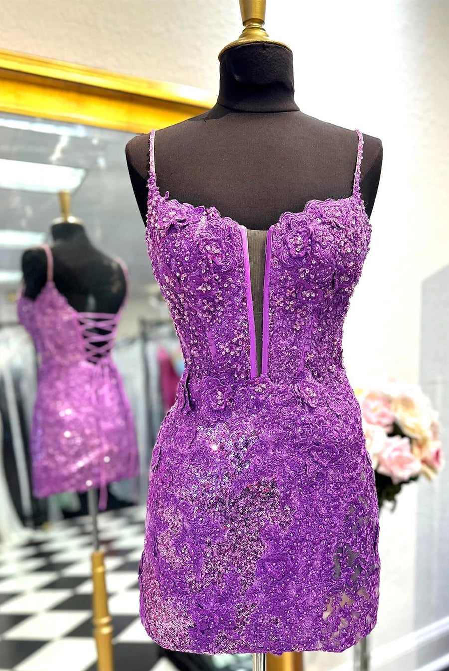 Orla |Sheath Spaghetti Straps Sequined Lace Homecoming Dress