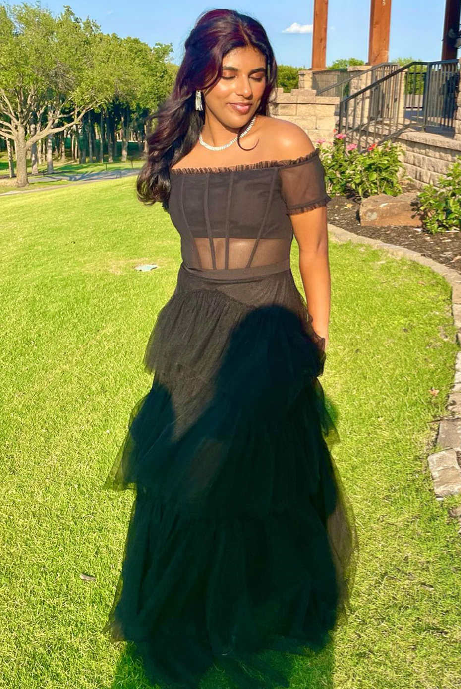 Wilma | Off the Shoulder Black Tiered Tulle Lond Prom Dress - KissProm
