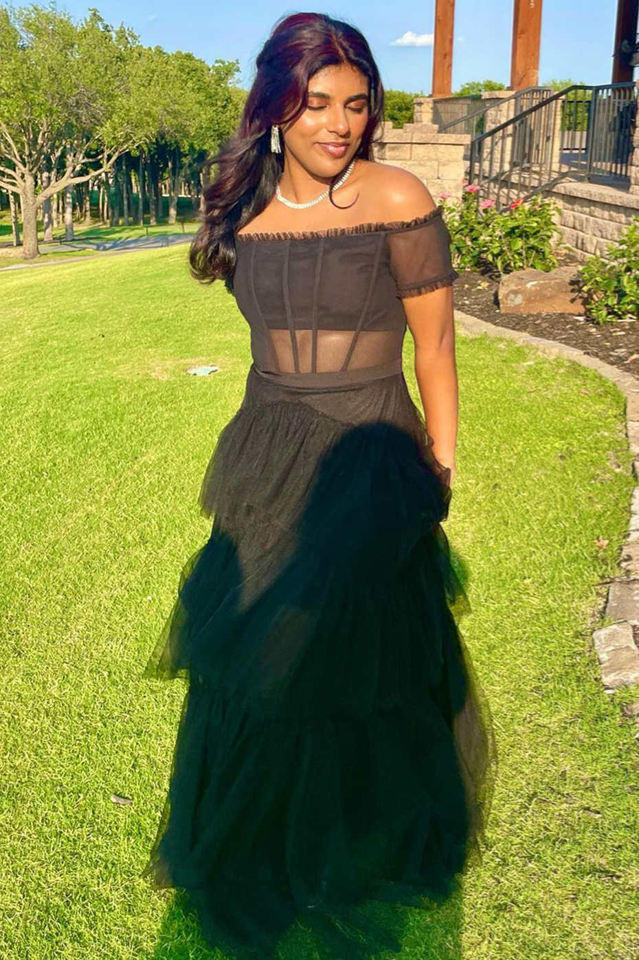 Wilma | Off the Shoulder Black Tiered Tulle Lond Prom Dress - KissProm