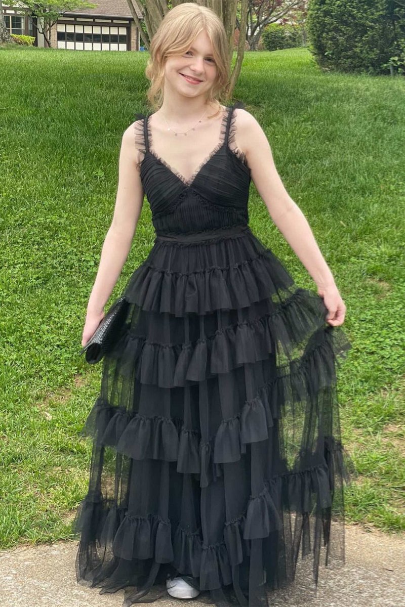 Yasmine | V - Neck Black Layered Tulle A - Line Prom Dress - KissProm
