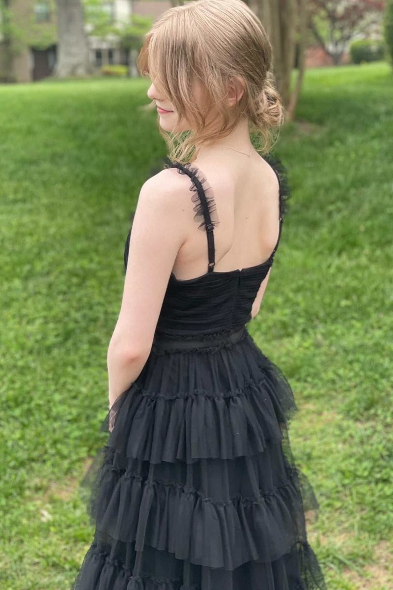 Yasmine | V - Neck Black Layered Tulle A - Line Prom Dress - KissProm