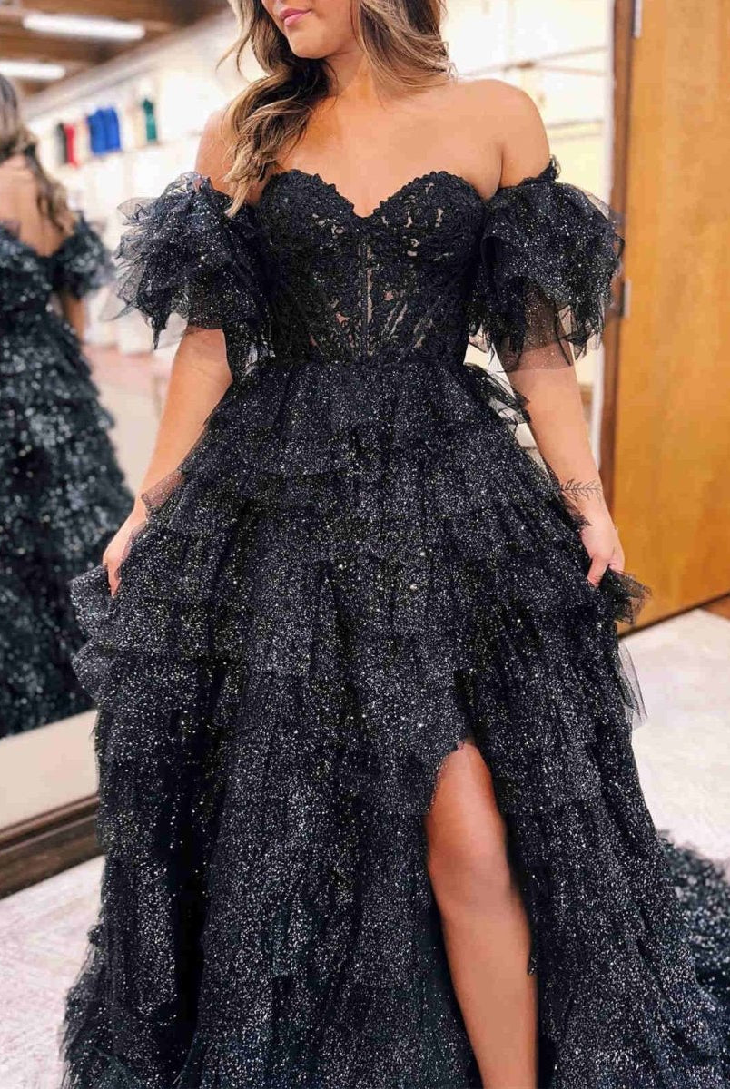 Ariya |A line Off-the-Shoulder Glitter Tulle Prom Dress with Slit
