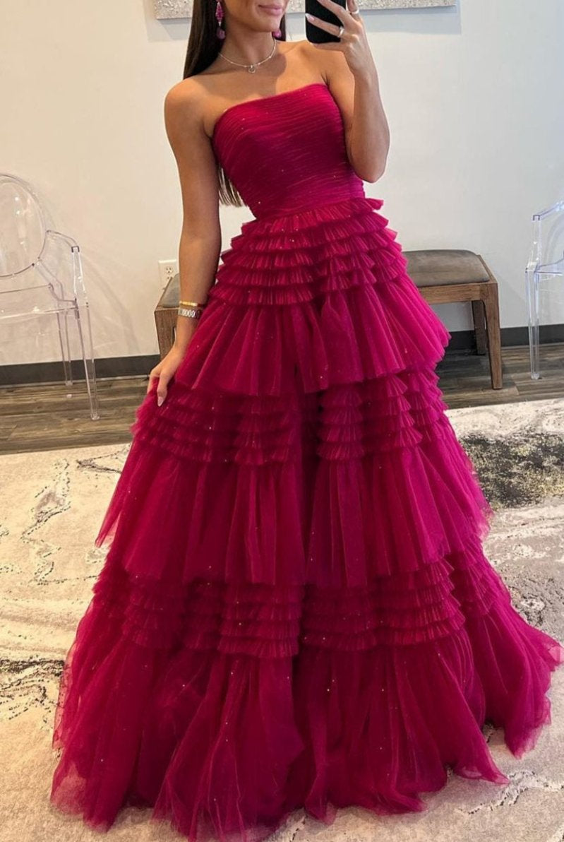 Daniela |A-Line Strapless Tulle Long Prom Dress with Tiered Ruffles