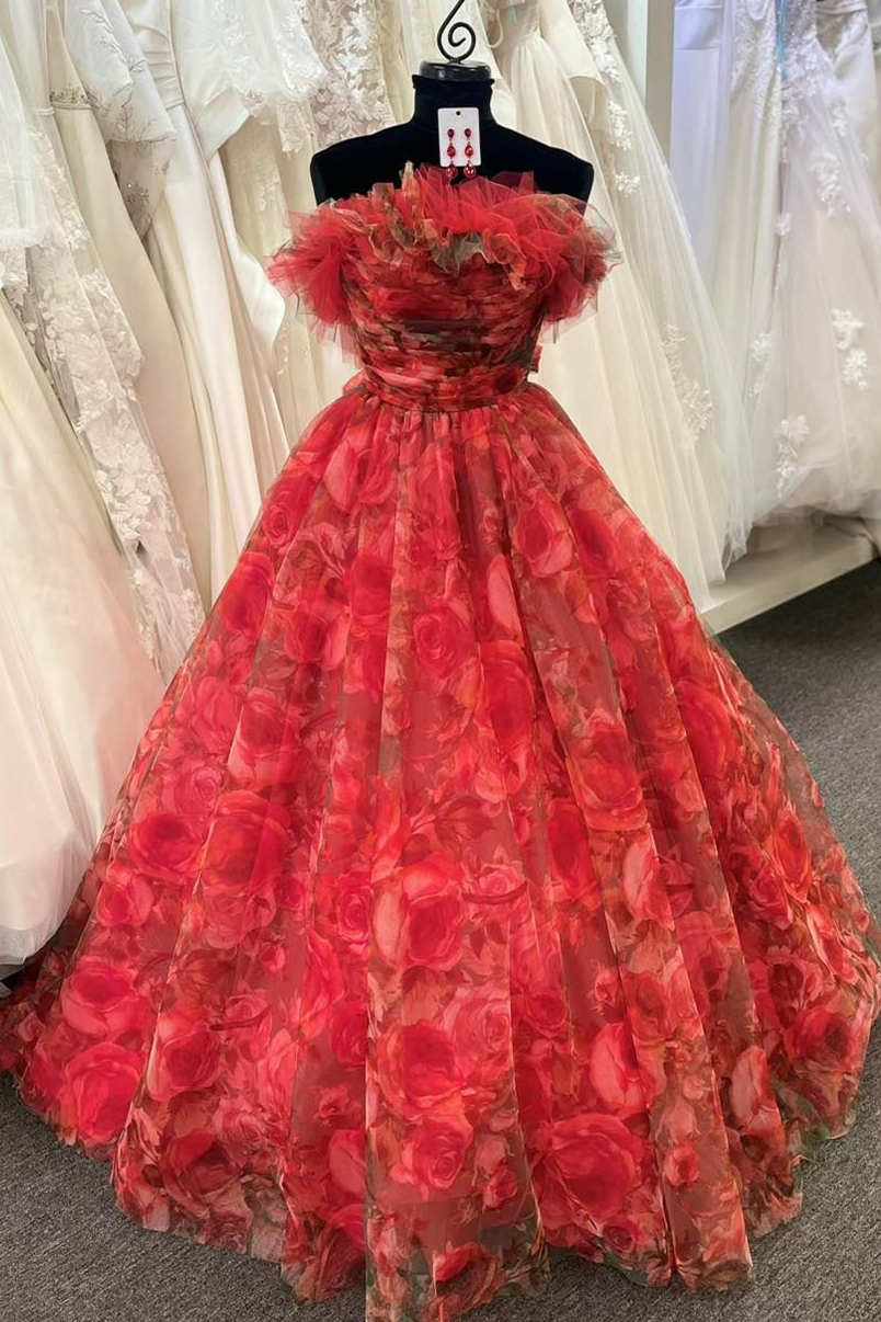 Alisha | Strapless Red Floral Print Organza A - Line Quinceanera Dress - KissProm