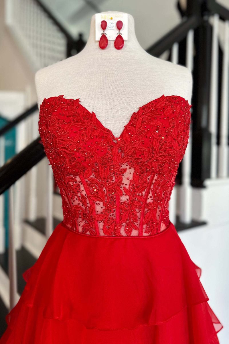 KissProm-Alondra Red Chiffon Sweetheart Ruffle Tiered Long Prom Dress