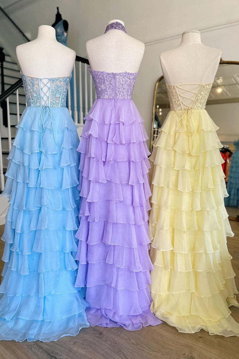 KissProm-Alondra Yellow Chiffon Sweetheart Ruffle Tiered Long Prom Dress