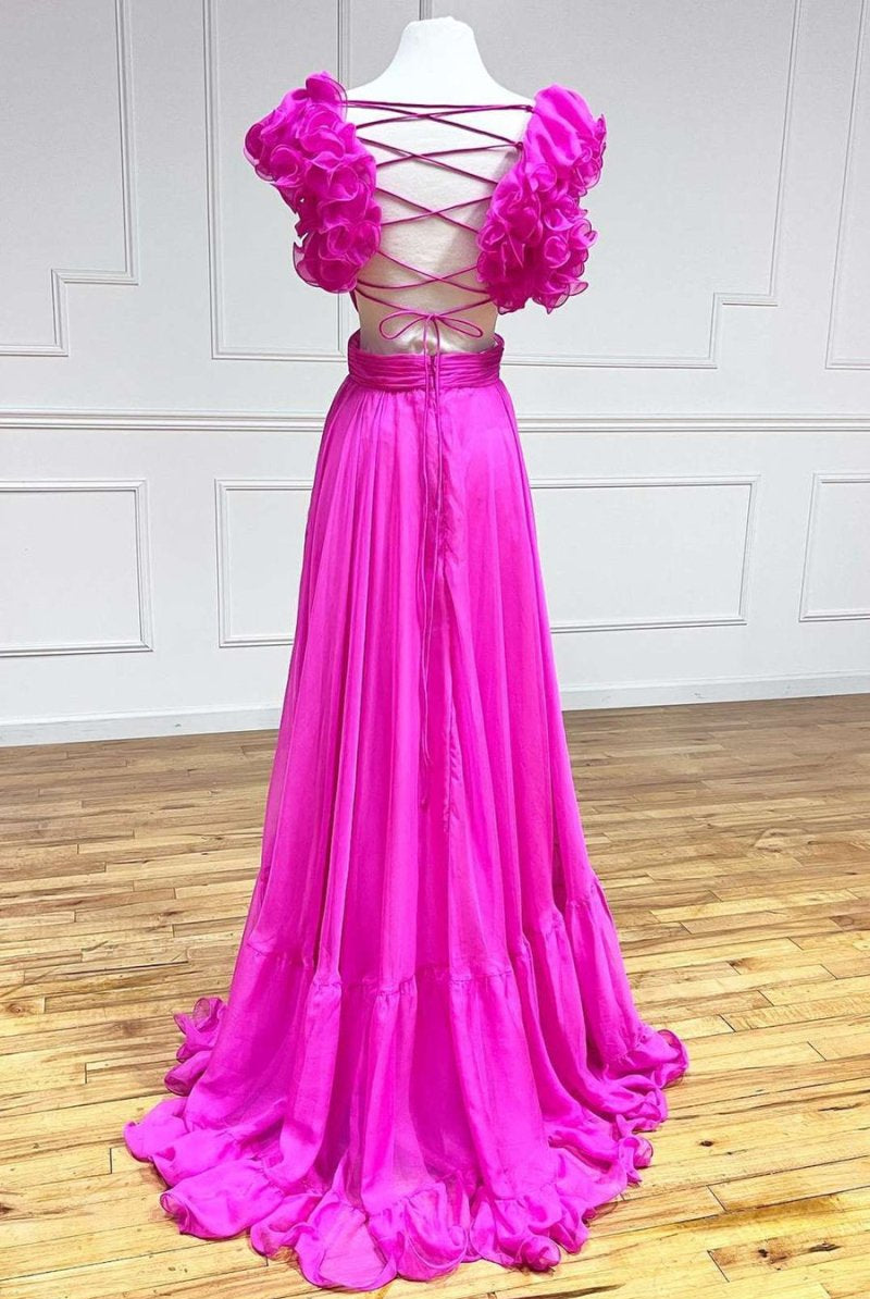 Aadhya | Lace-Up Fuchsia V-Neck Ruffle Pleated Long Prom Dress