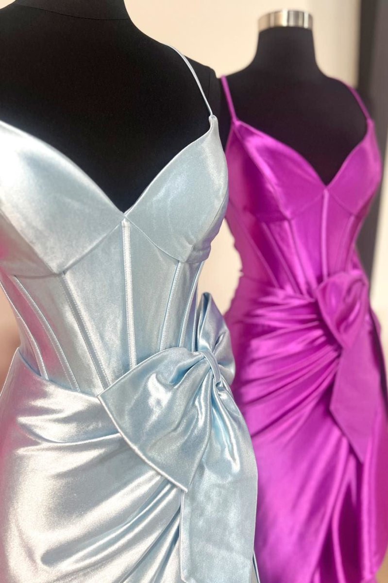 KissProm-Jianna Purple Straps V-Neck Satin Mermaid Prom Dress With Bow