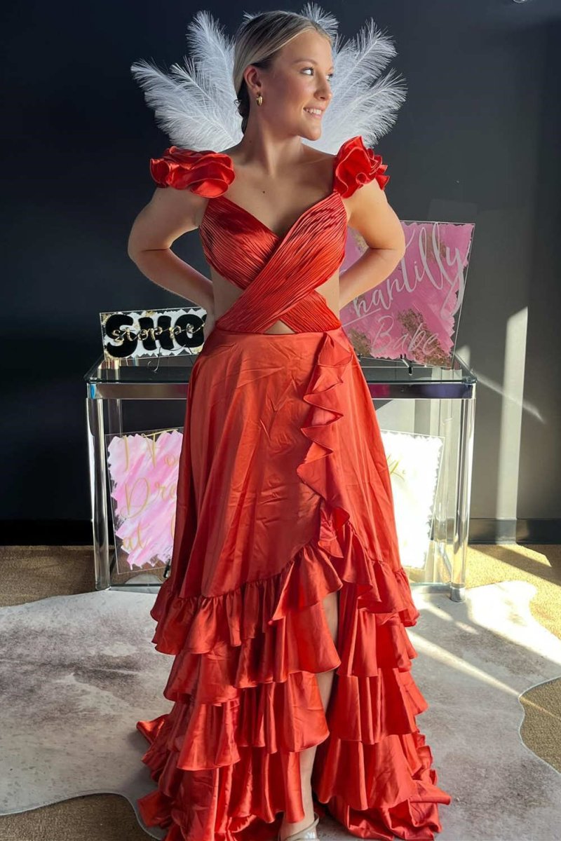 Brittany Red Cutout Ruffle A-Line Prom Dress | Elegant Gown with Slit | KissProm Red / 8 / Taffeta Brittany Red Cutout Ruffle A-Line Prom Dress | Elegant Gown with Slit | KissProm Red / 8 / Taffeta