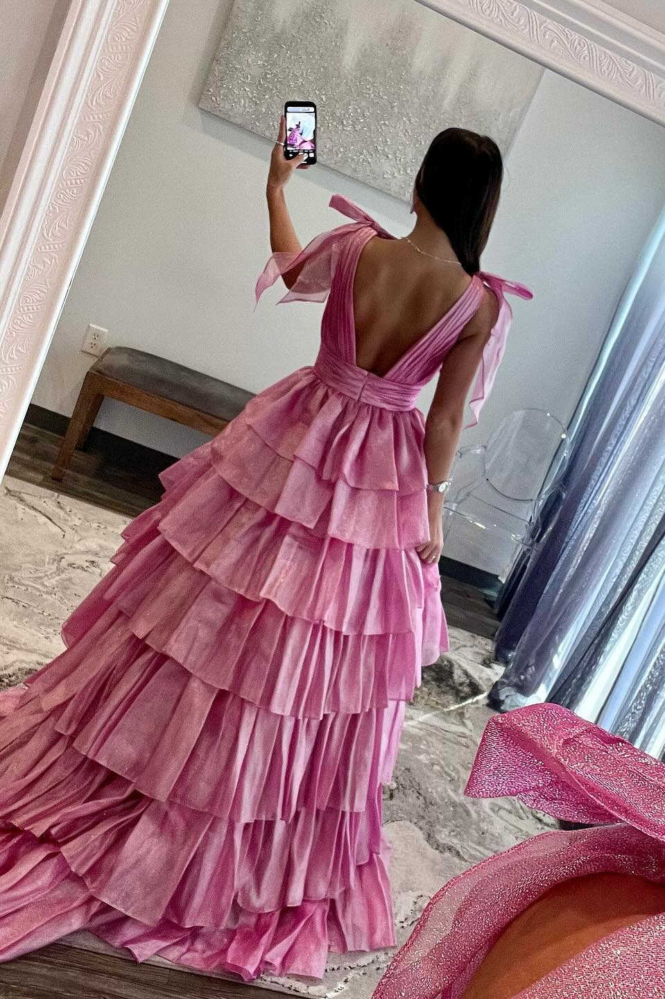 KissProm-August Pink Glitter Tie Straps Pink Plunging Neck Tiered Long Prom Dress