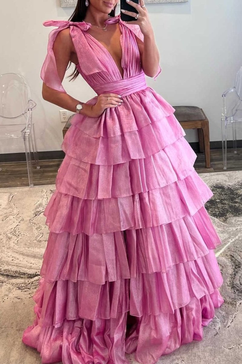 KissProm-August Pink Glitter Tie Straps Pink Plunging Neck Tiered Long Prom Dress