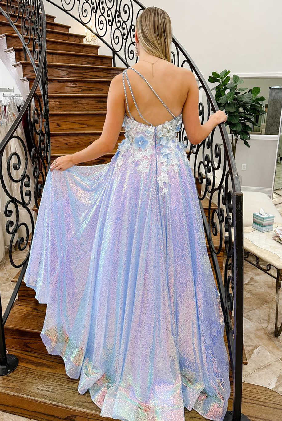 Azaria | Lilac One Shoulder 3D Flowers Sequin Long Formal Dress - KissProm