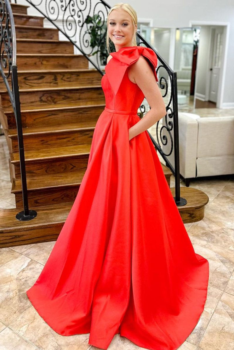 Aliya | Red One Shoulder Bow Tie Satin Prom Dress with Pockets - KissProm