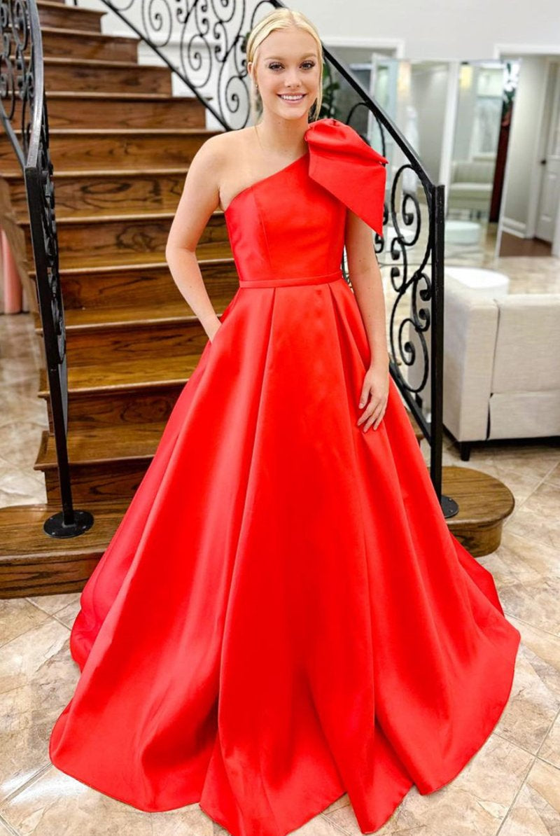 Aliya | Red One Shoulder Bow Tie Satin Prom Dress with Pockets - KissProm