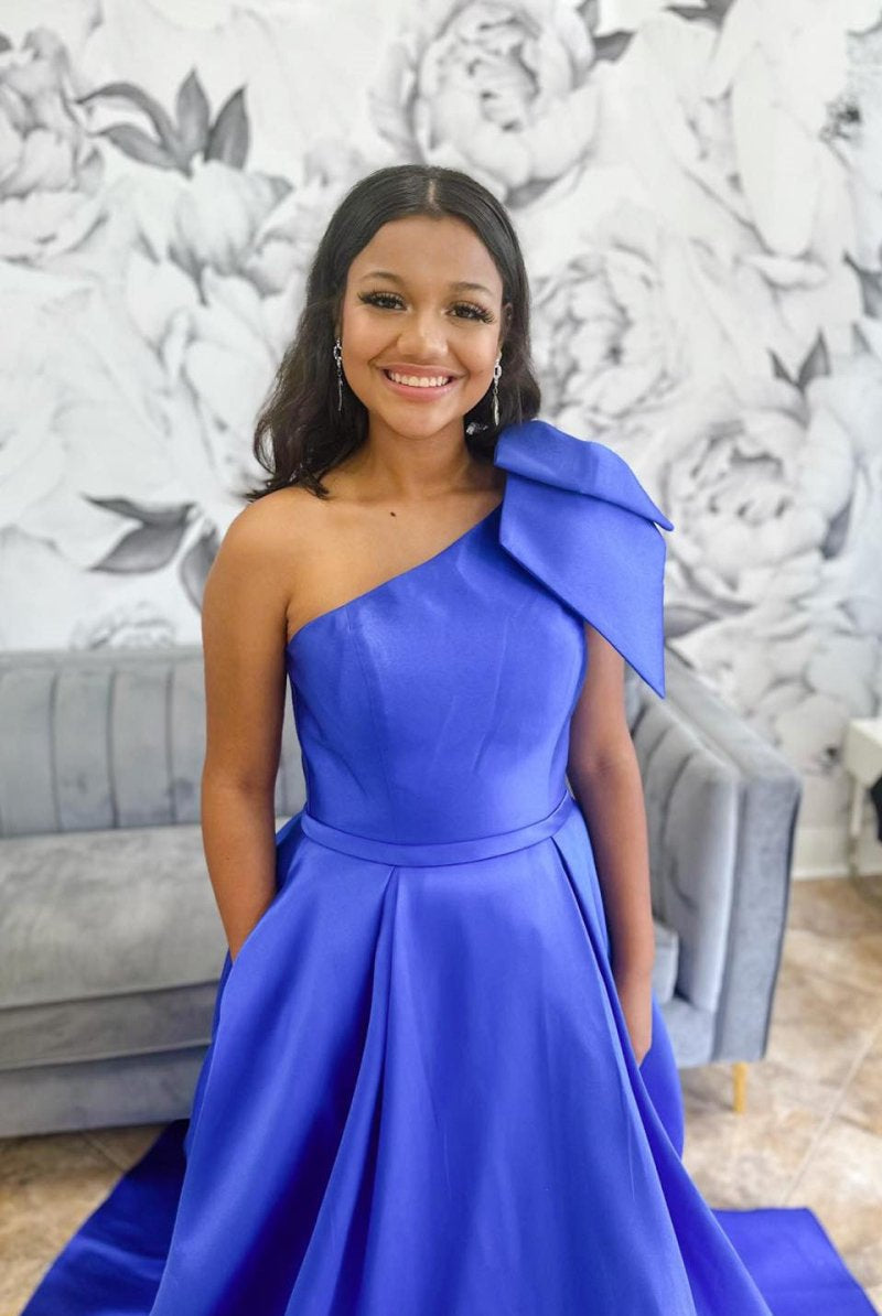 Aliya | Red One Shoulder Bow Tie Satin Prom Dress with Pockets - KissProm