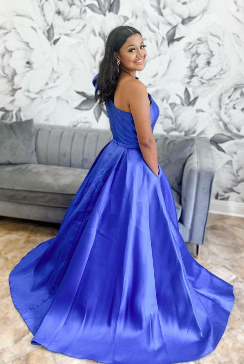 Aliya | Red One Shoulder Bow Tie Satin Prom Dress with Pockets - KissProm