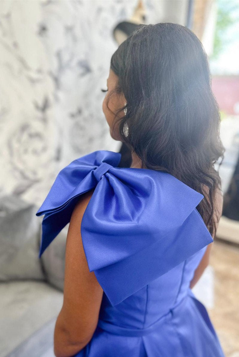 Aliya | Red One Shoulder Bow Tie Satin Prom Dress with Pockets - KissProm