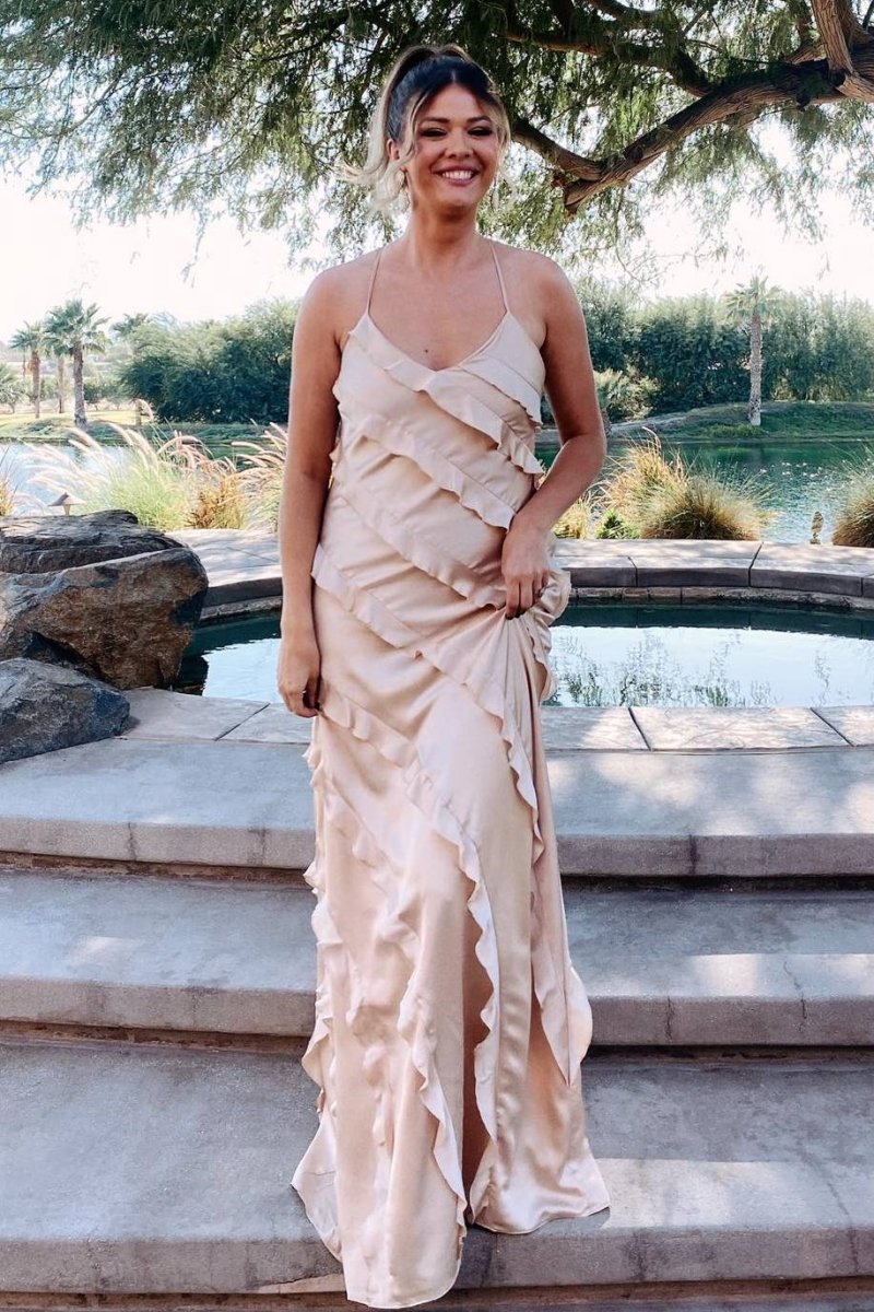 Straps Sheath Champagne Ruffle Maxi Bridesmaid Dress - KissProm