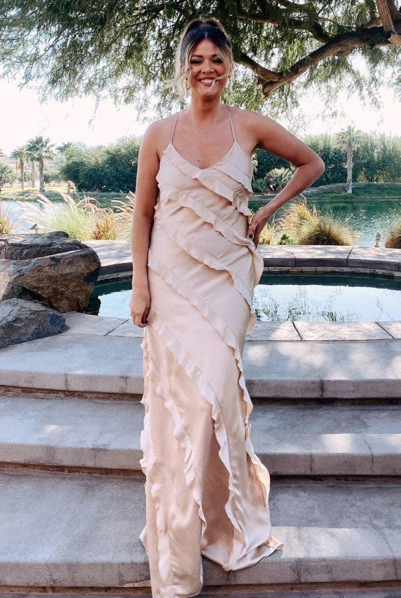 Straps Sheath Champagne Ruffle Maxi Bridesmaid Dress - KissProm