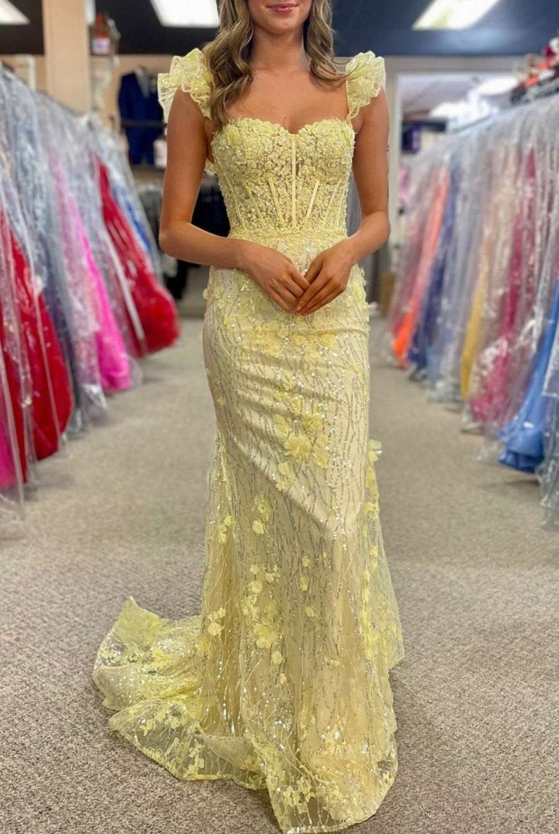 Mckinley | Yellow Ruffle Straps 3D Flower Mermaid Long Prom Dress