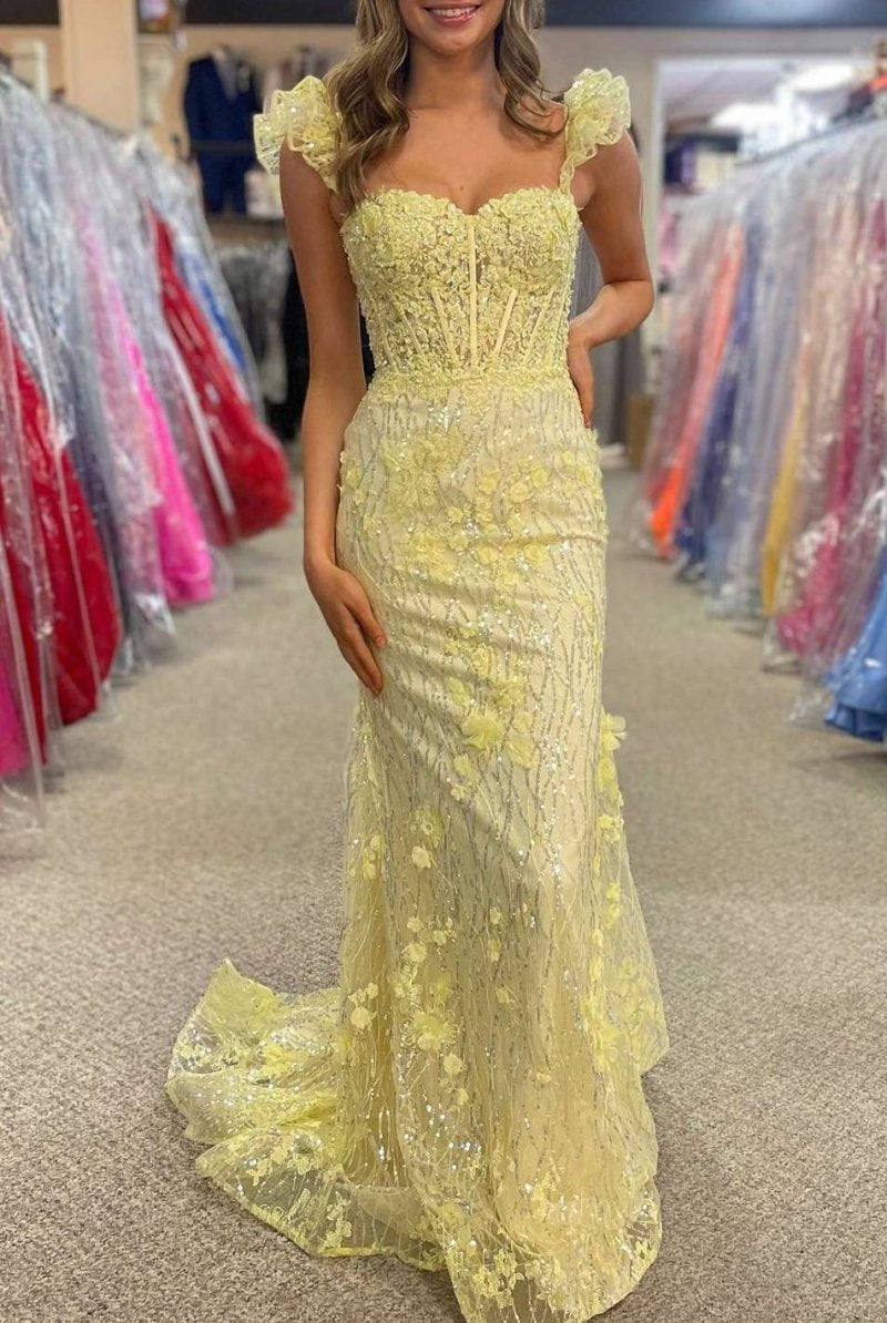 Mckinley | Yellow Ruffle Straps 3D Flower Mermaid Long Prom Dress