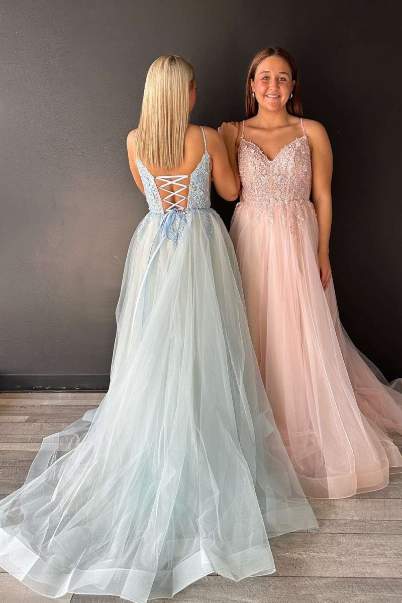 Aileen | V - Neck Lace - Up Appliques Tulle A - Line Prom Dress - KissProm