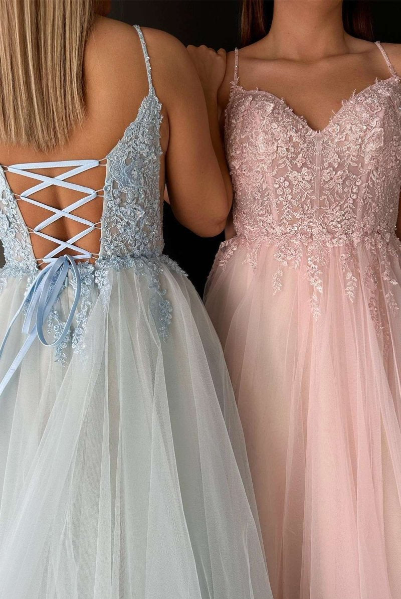 Aileen | V - Neck Lace - Up Appliques Tulle A - Line Prom Dress - KissProm