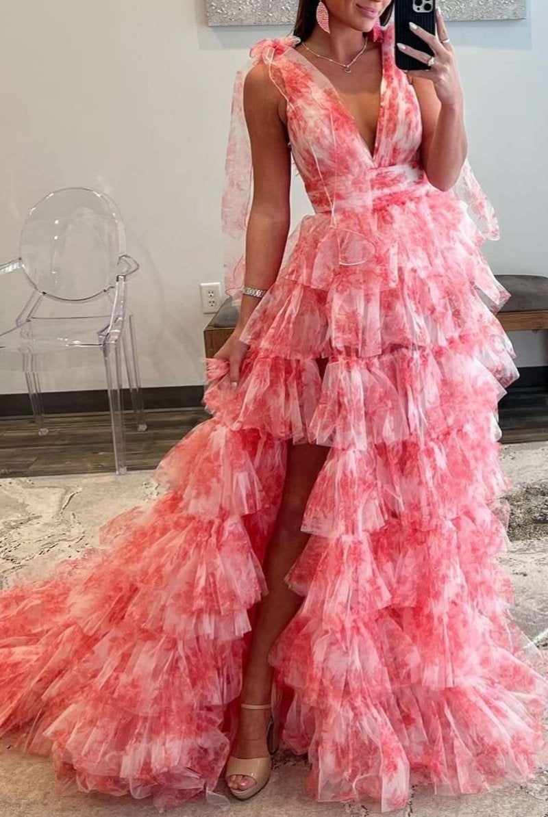 KissProm-Kylee V-Neck Tie Straps Red Floral Print Layered Long Prom Dress