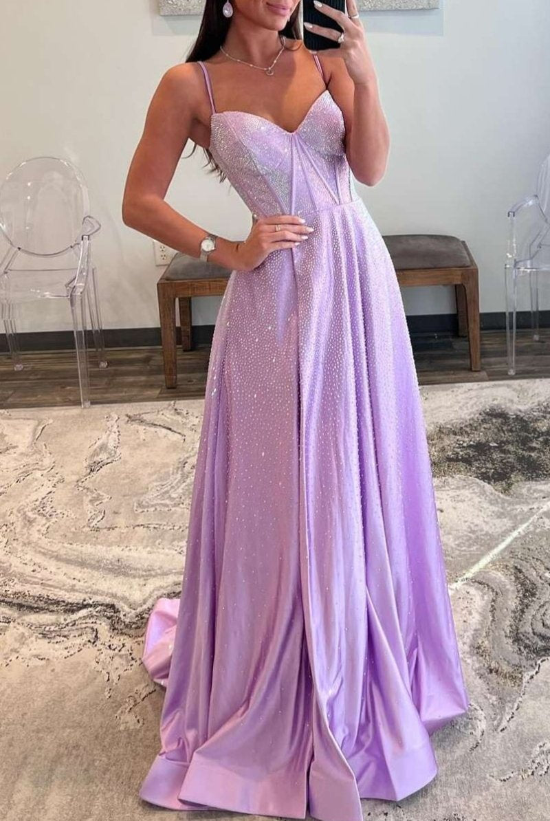 Adrianna | Strapless Lilac Corset A - Line Prom Dress with Rhinestones - KissProm